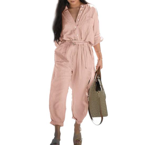 V-neck Buttons Closure Belt Women Jumpsuit Women Casual 3/4 Sleeve Solid Color Cargo Jumpsuit Ladies Outfit