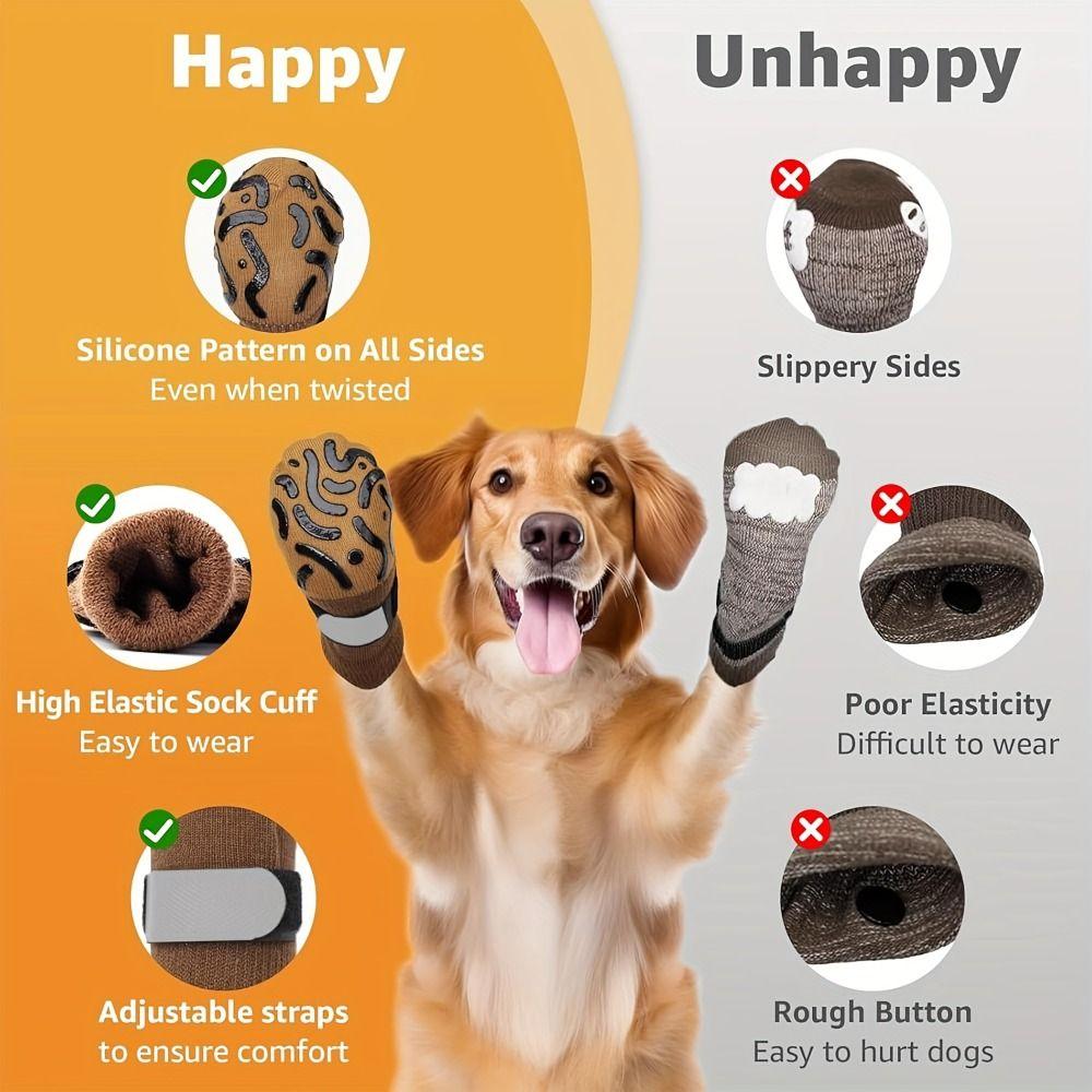 4PCS Anti-Slip Cozy Dog Socks Adjustable Band Pets Knitted Socks Paw Protection Socks Indoor