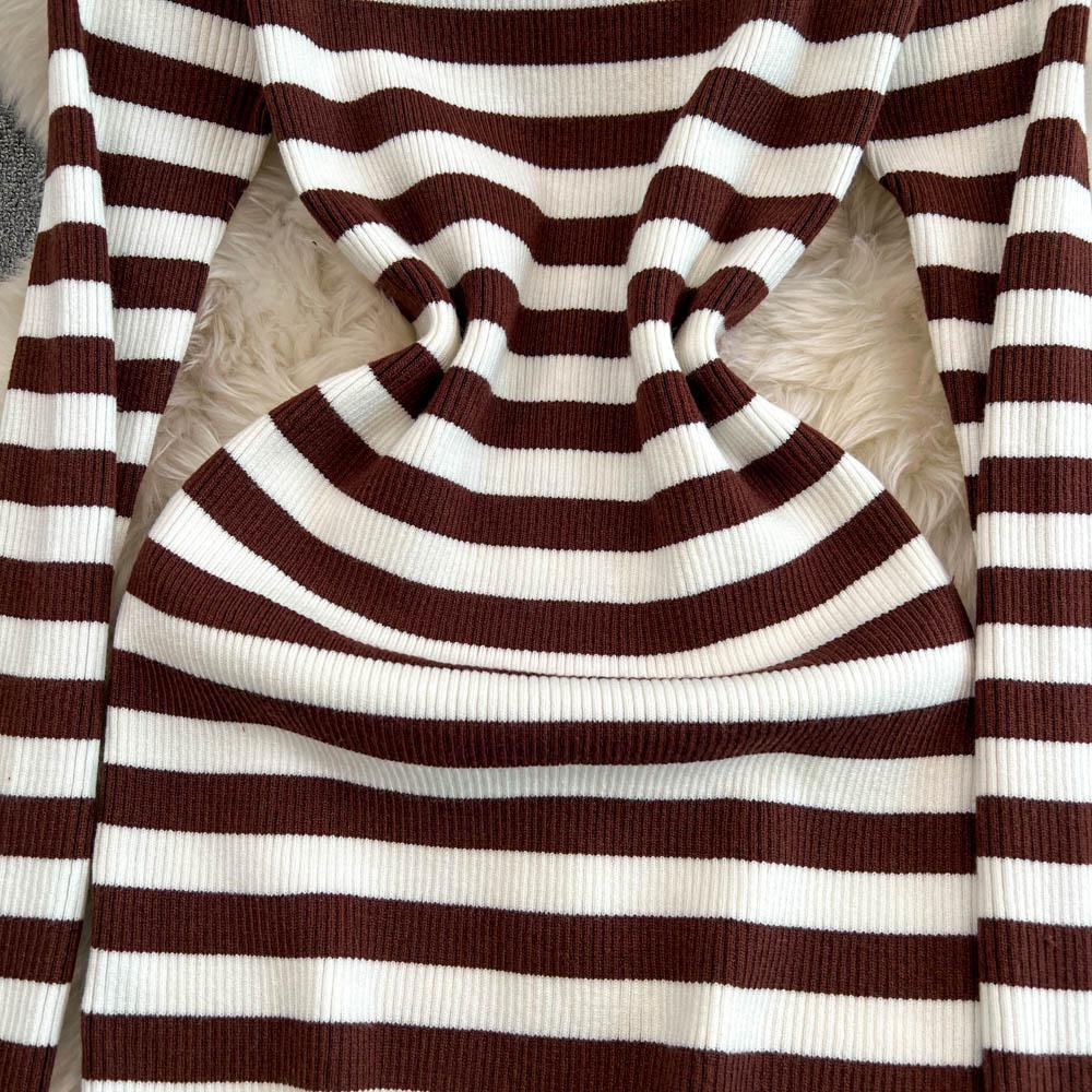 Платье-футляр с открытыми плечами Falda Sexy Mujer Slash Neck Striped Color Block Slim Knitted Bodycon Dress Autumn Wrapped Dresses ChicDresses