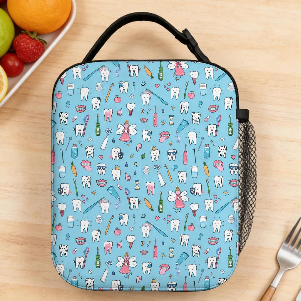 Teeth Dentist Thermal Lunch Bag For Child Print Picnic Lunch Box Kawaii Portable Insulated Oxford Cooler Bag