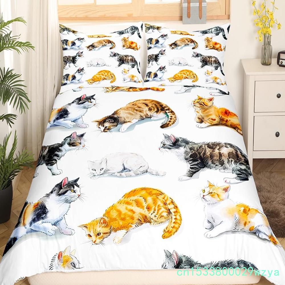 Кавайный кошачий пододеяльник Розовый бантик Котенок Постельный набор Сладкий домашний питомец Животное Покрывало Принцесса Бант Девичий Полиэстер Покрывало