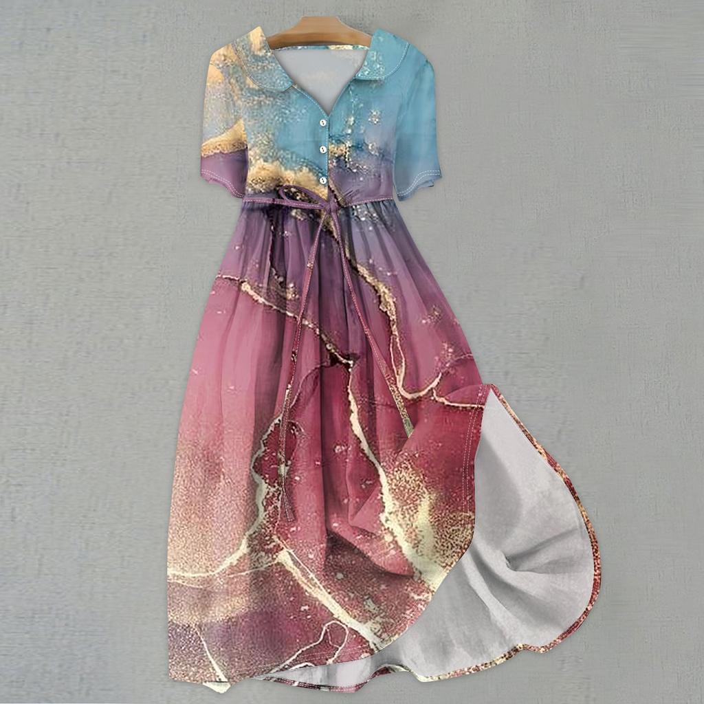 Женская мода повседневное платье с воротником с лацканами и короткими рукавами с принтом и ремнями