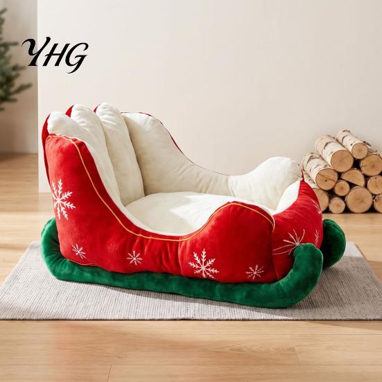 Non Slip Cat Sofa Christmas Sleigh Shaped Pet Bed, Cozy Holiday Dog Anti?Slip Base Breathable Sleeping House Soft Cushion, Washable Bed for