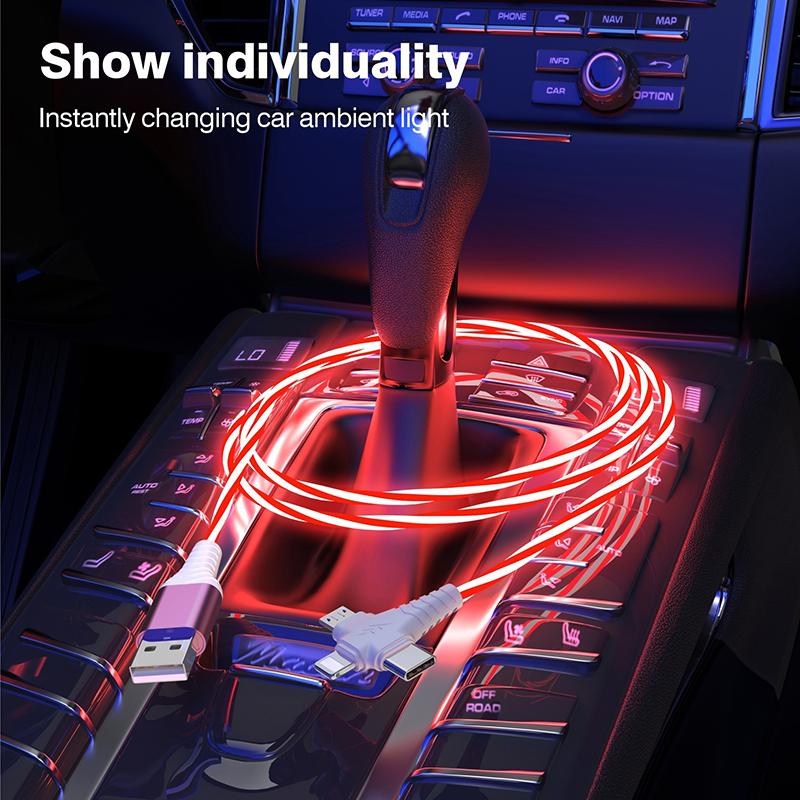 Светодиодный светящийся кабель для зарядки с эффектом потока 3 в 1, светящийся, для быстрой зарядки, Micro USB, Type-C, длина 1 метр, для фото, провод