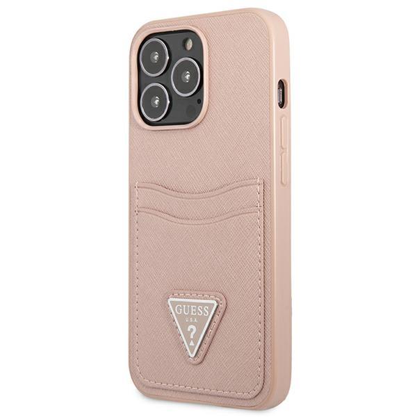 Etui do iPhone 13 Pro Guess Saffiano Triangle Logo Kart Różowe