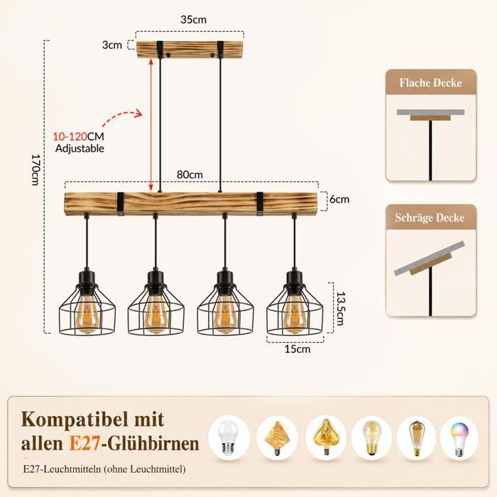 Suspension - NETTLIFE - 3 lumières bois - E27 - Hauteur réglable 170 cm - Noir