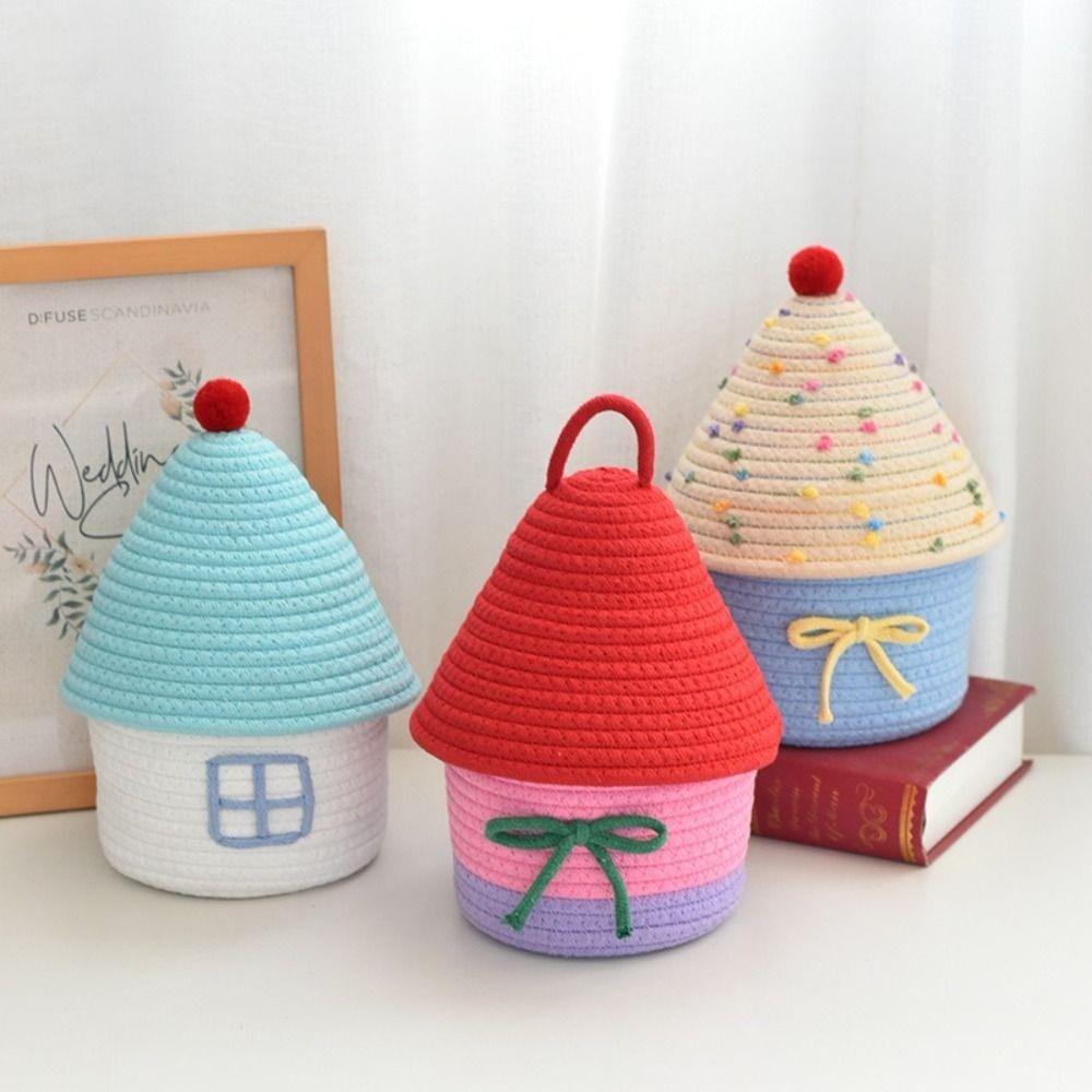 Cotton Rope Woven Desk Organizer House Shape Snack Toys Organizer Vanity Table Study Room