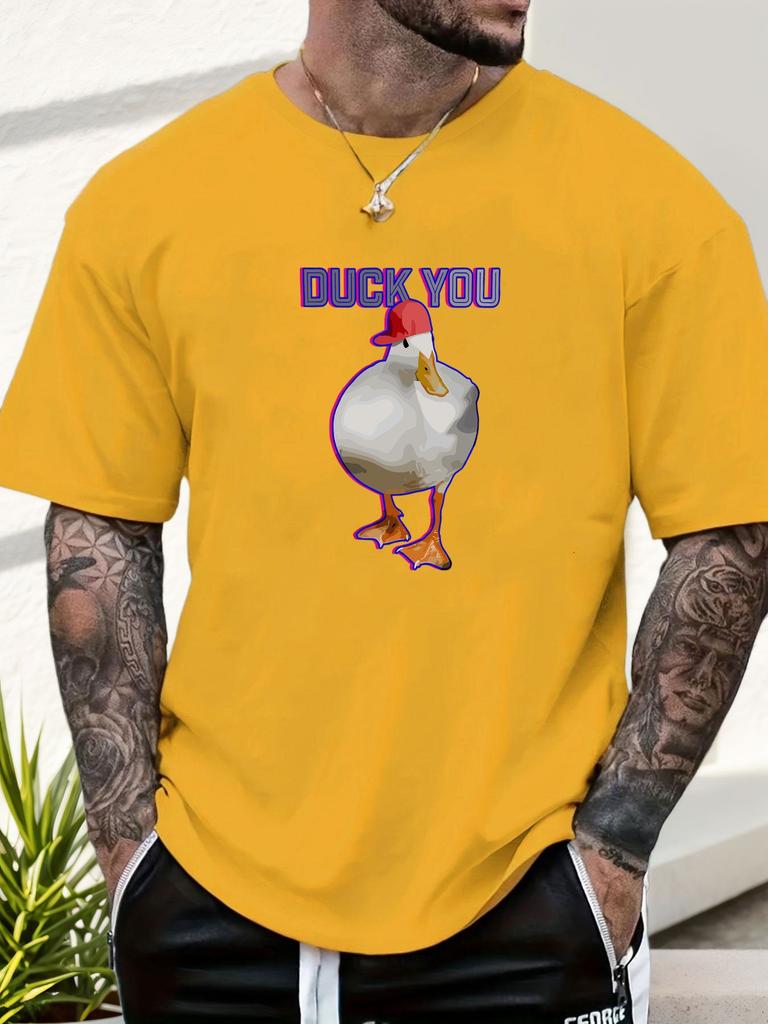 Мужская смешная хлопковая футболка с принтом утки DUCK YOU Красная шапка Узор с утками Короткий рукав Дышащая Удобный крой Повседневный Топ
