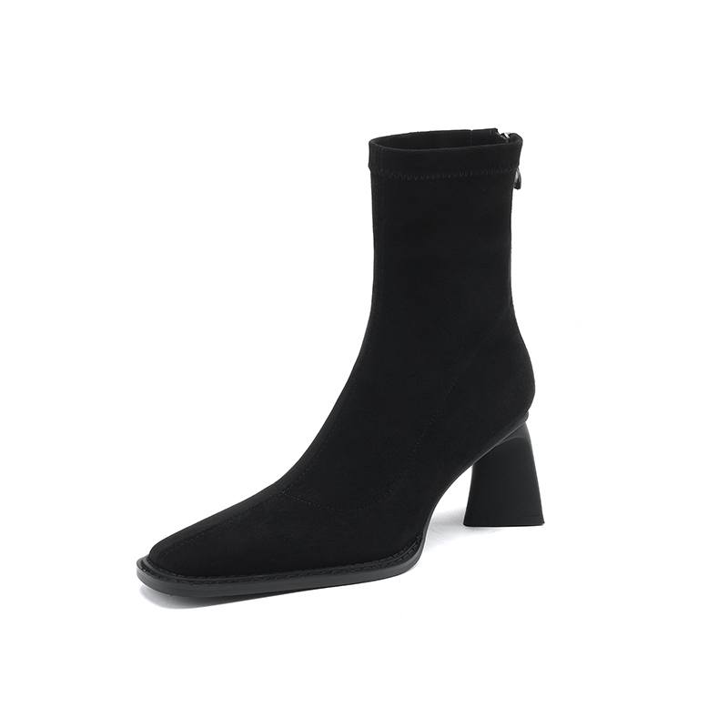 Krazing Pot Зимние эластичные ботинки из флока с квадратным носком на толстом высоком каблуке и молнии, женские ботильоны из натуральной кожи Stovepipe