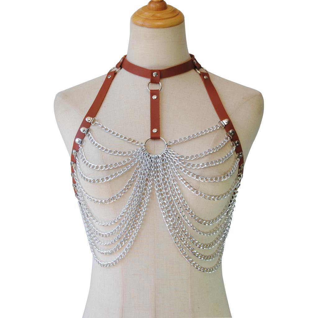 Sexy Pu Leather Multi-layer Chain Chest Chain Metal Leather Bra Top Accessories Body Chain