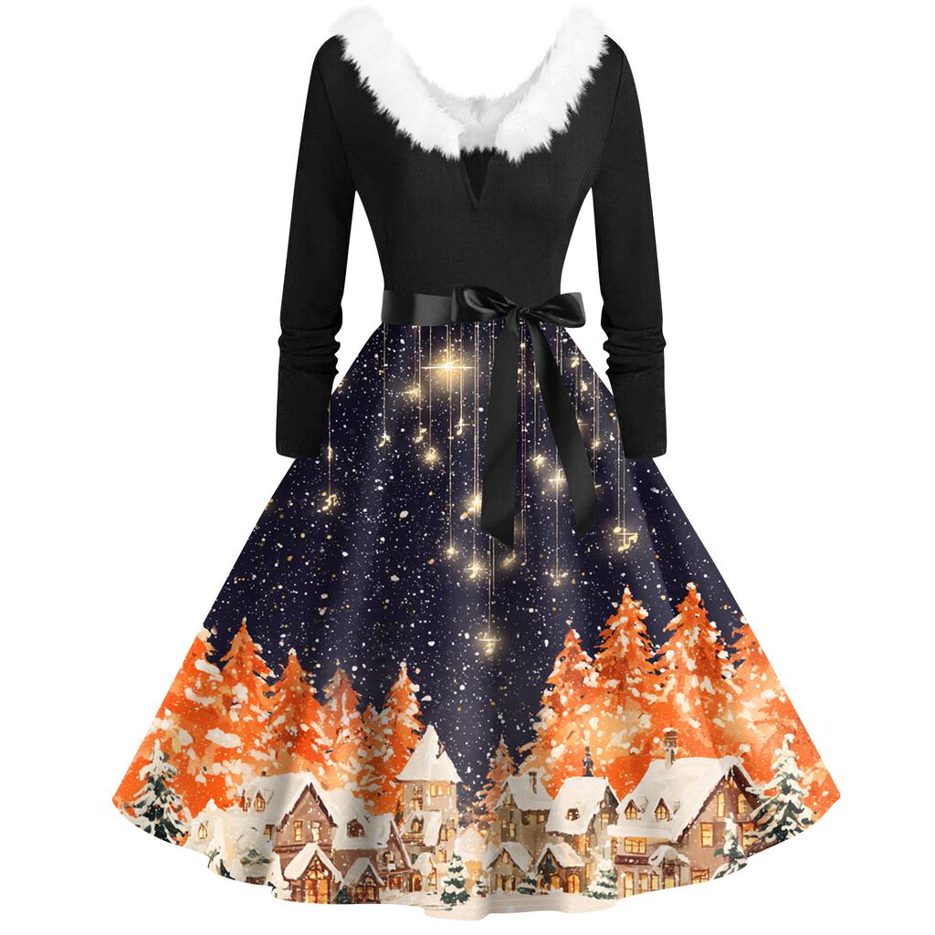 Женская мода с v-образным вырезом, повседневные тонкие рождественские платья с воротником из волос и длинными рукавами с принтом