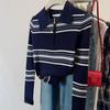 Plus Size Women's Striped Knitted Half-Zip Sweater (80-200 Jin)