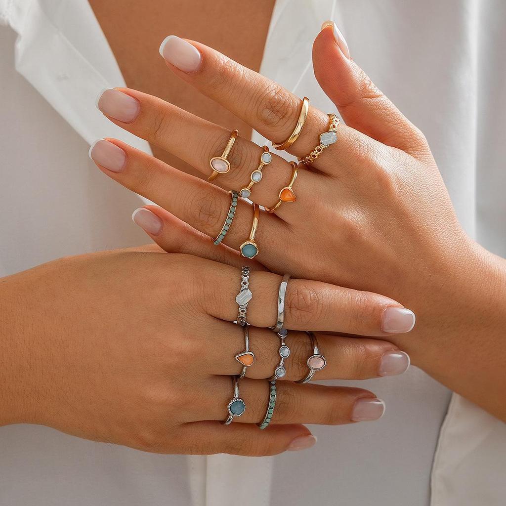 European & American Cold Style Gemstone Irregular Metal Ring Set