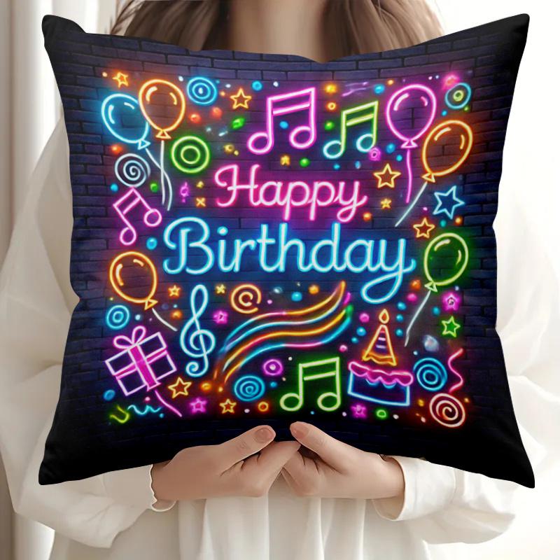 pc D Flat (Pillow Not Included) Neon Happy Birthday Music Notes Balloons Cushion Cover Short Plush Party Celebration Decor