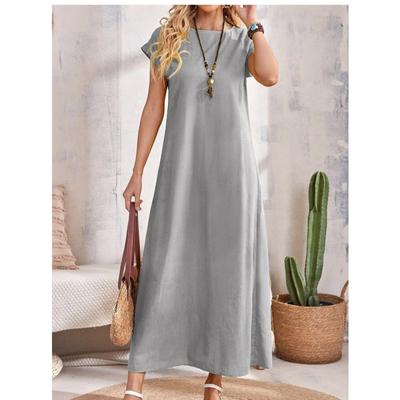 Летнее модное женское платье с коротким рукавом и круглым вырезом, свободное, повседневное, однотонное, базовое, А-силуэта, для вечеринки, длинное, элегантная женская офисная одежда