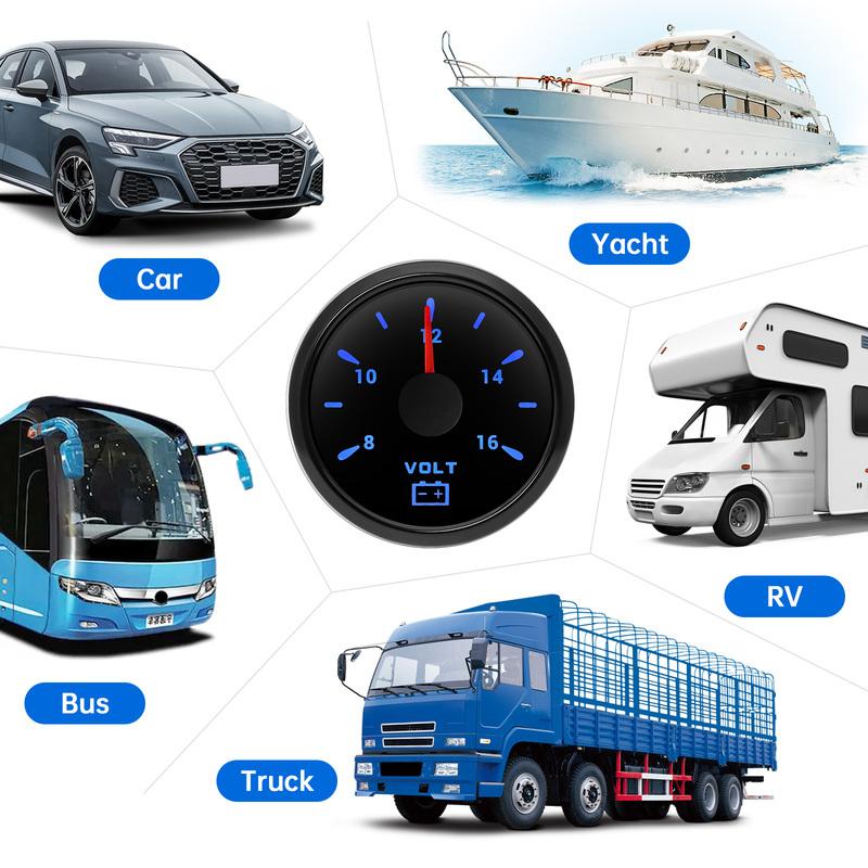 12V Car Accessories 2" 52mm VOLT Meter 8-16V Waterproof Voltage Gauge with 7 Colors Backlight for Car Boat Marine