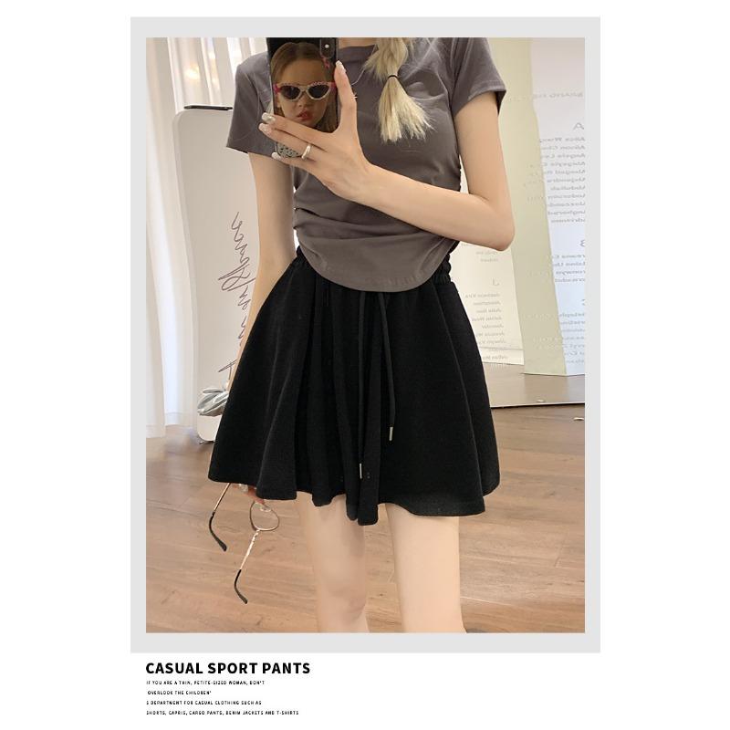 Drawstring Sports Shorts Women's Summer Elastic Waist Sag Loose Look Slim Everything with A Line Casual Wide Leg Skirt Pants