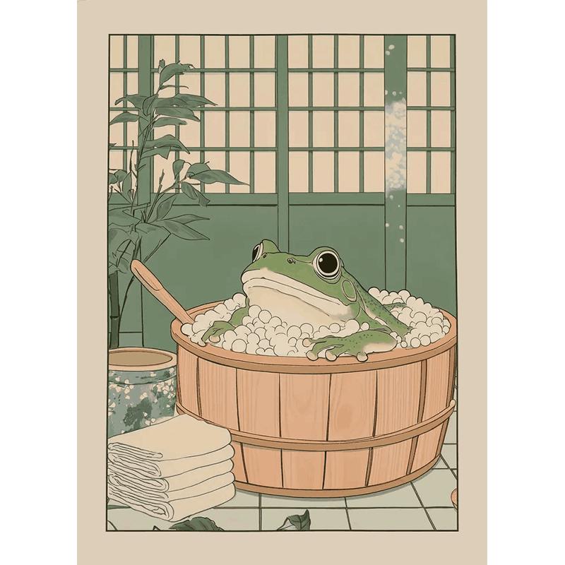Japanese Bathroom Art Poster Cute Animals in Bathtub Canvas Printed Decorative Painting, Used for Bathroom Decoration, Frameless