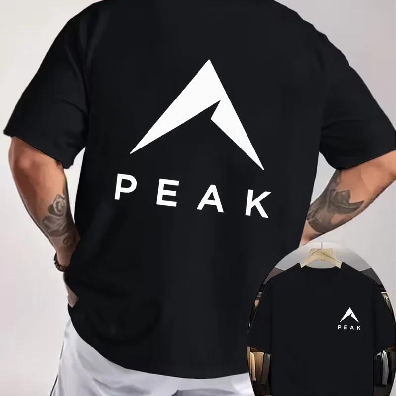 PEAK Mountain Minimalist Letter Motorcycle Double Sided Print T-Shirt Men's Summer Short sleeve O-Neck Casual Tops
