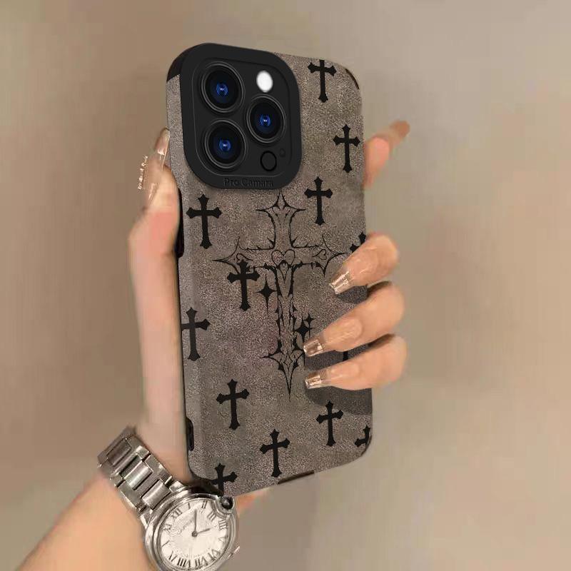 Черный чехол для телефона из кожи ягненка с узором «Черный Крест» для iPhone 17 Pro Max Air 16 16e 15 14 13 12 11 Pro Max Plus X XS MAX XR Задняя крышка