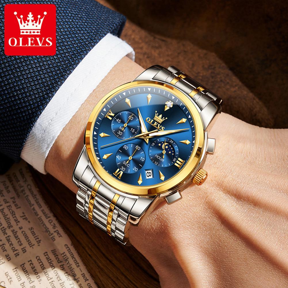 OLEVS 3639 Watches for Men Auto Date Waterproof Moon Phase Chronograph Stainless Steel Original Quartz Man Wrist Watch New