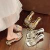 2025 Summer New Thick Heel Slippers Women's Fashion Rhinestone Flower One-word Drag Women's Head High Heel Cool Slippers