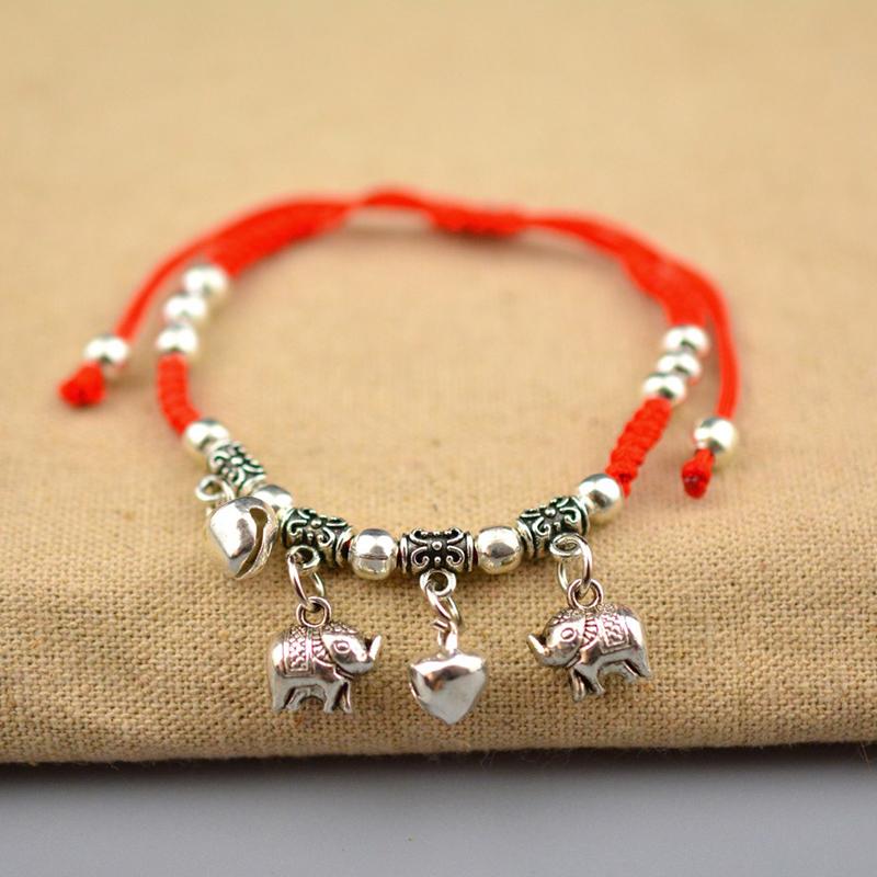 Simple Silver Retro Ethnic Style Anklet Female Beaded Red Rope Ankle Girl Accessories