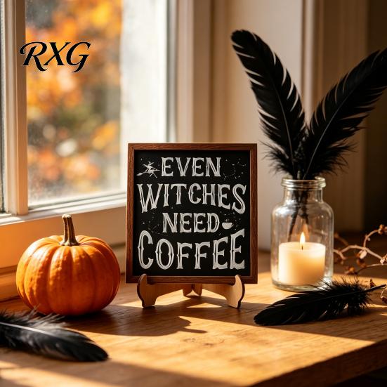 Holiday Atmosphere Home Decor Halloween Wooden Coffee Photo Frame, Retro Distressed Sign for Witch Themed Kitchen Countertop Decor, Rustic Autumn