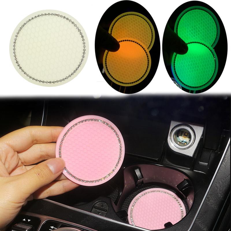 2pcs Non-slip Car Water Cup Pad Luminous Car Coaster Pad Mat Cup Bottle Holder Rhinestone Rubber Pad Mat Car Styling Accessories