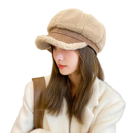 Winter Octagonal Cap Thick Plush Short Brim Contrast Color Keep Warm Peaked Cap Literary Retro Style Headwear for Work Travel Daily Wear
