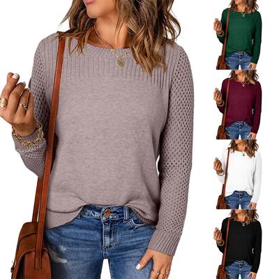 Осень Зима Женский Свитер с Круглым Вырезом и Длинным Рукавом Однотонный Вязаный Ажурный Базовый Слой Роскошный Свободного Кроя Приталенный и Универсальный Топ