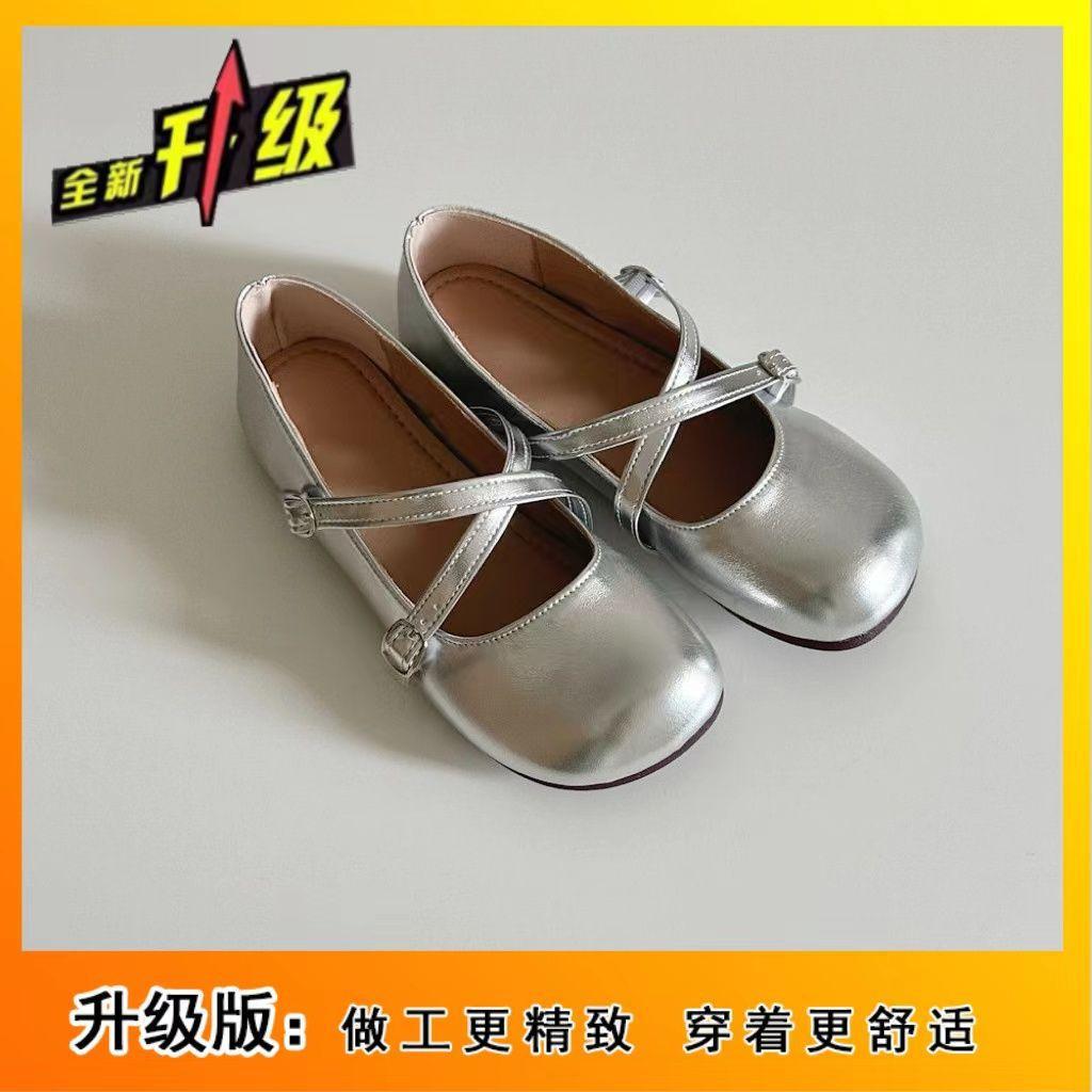 Crossed Silver Single Shoes Women's Flat-soled Soft-soled Light-mouth Round Head Mary Jane Gentle Wind Evening Shoes Fairy Beanie Shoes