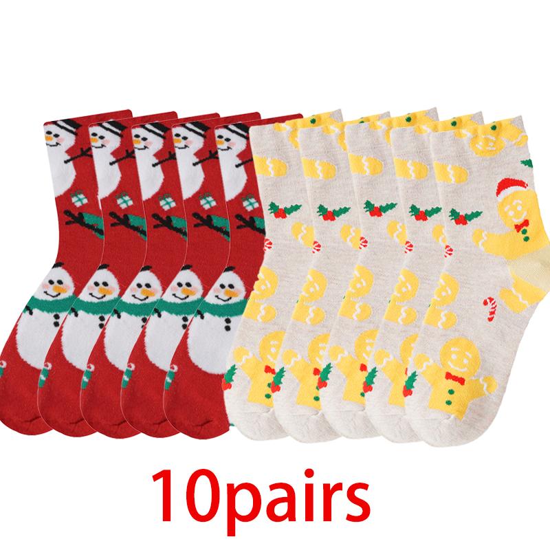 10 пар рождественских носков женские осенне-зимние теплые носки снеговик лось пряничный человечек милые мультяшные носки до середины икры Санта-Клаус