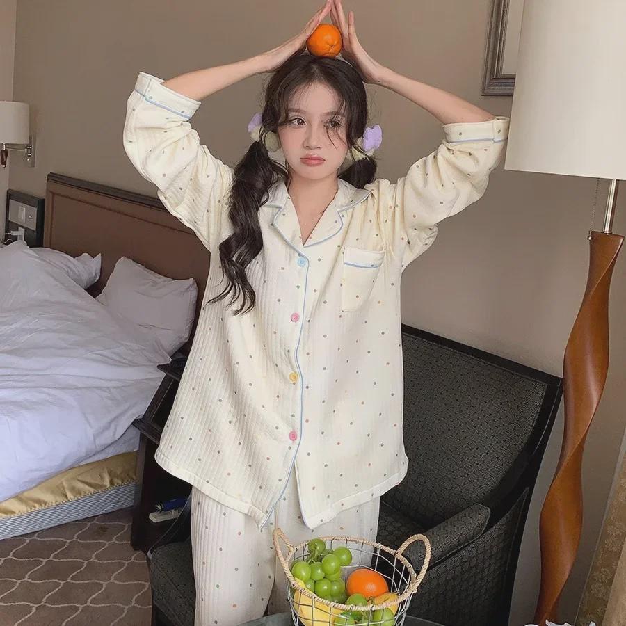 «Женский комплект пижамы TikTok осень/зима: Милый, теплый хлопковый комплект из двух частей для домашнего ношения.