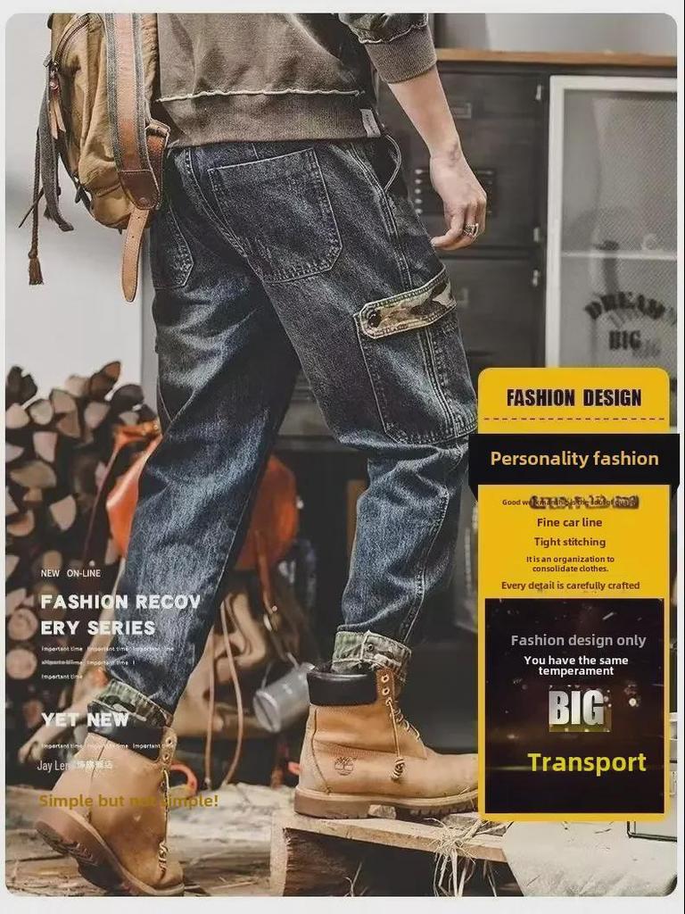 Мужские джинсы Stone-Ground в стиле ретро в стиле Гонконга — плотные, свободные, прямого кроя, широкие повседневные рабочие брюки