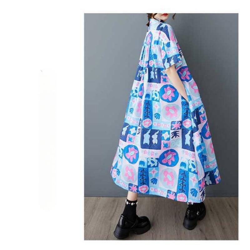 Women's Short Sleeved Loose Fashion Printed Mid Length Shirt Dress