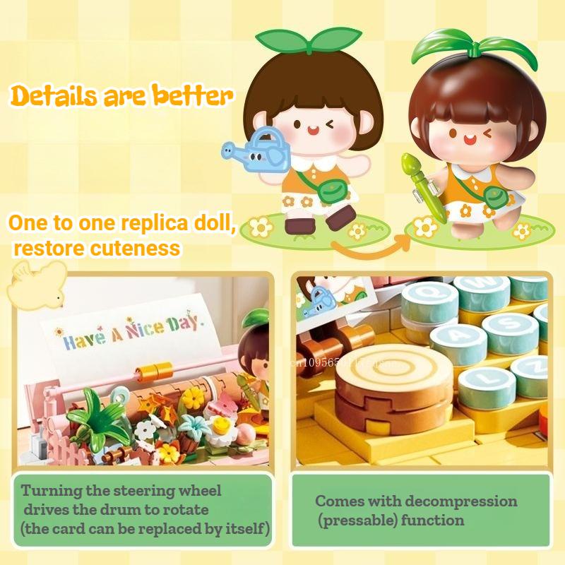 New Product Meat Sauce Flower Field Typewriter Building Blocks Kawaii Girl Decoration Decoration Ornament Festival Gift