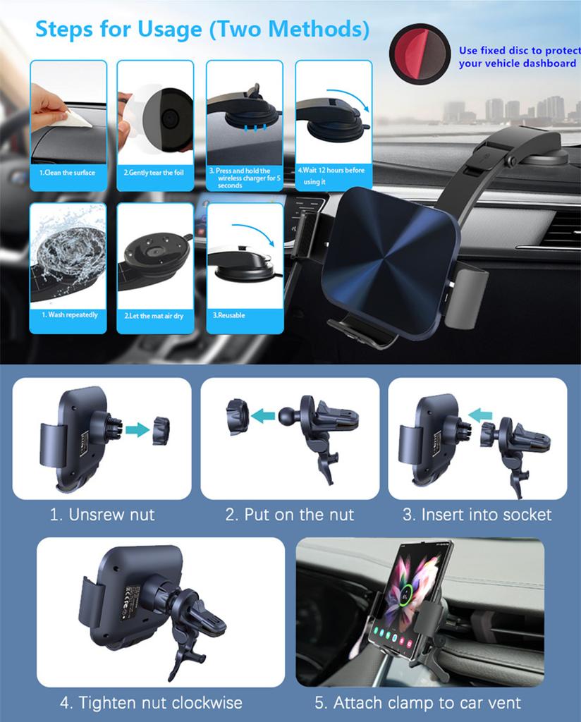 15 Вт Автомобильное беспроводное зарядное устройство Qi Держатель для зарядки смартфона Для складного экрана Большая площадка