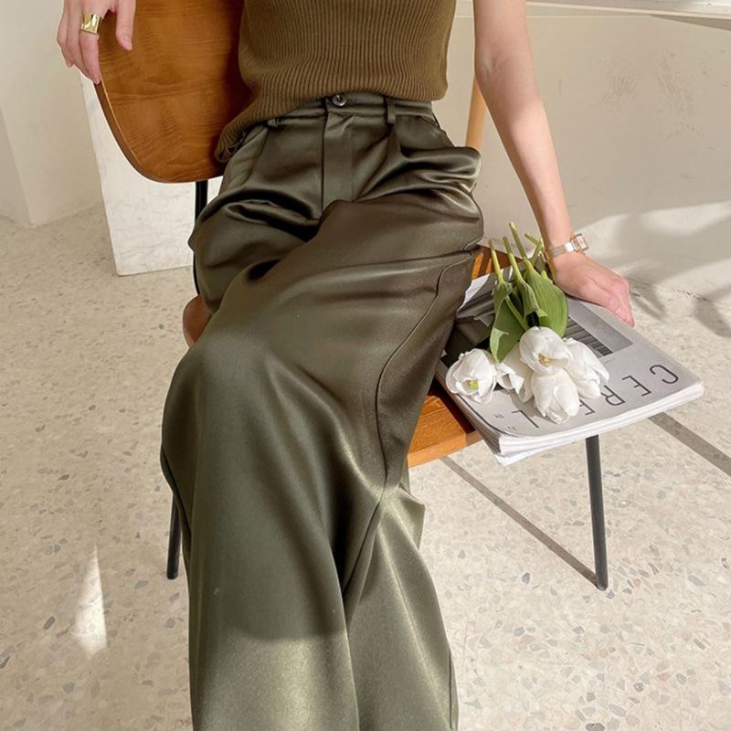 Летние шелковые атласные женские брюки с высокой талией, повседневные черные корейские модные широкие брюки для женщин, брюки