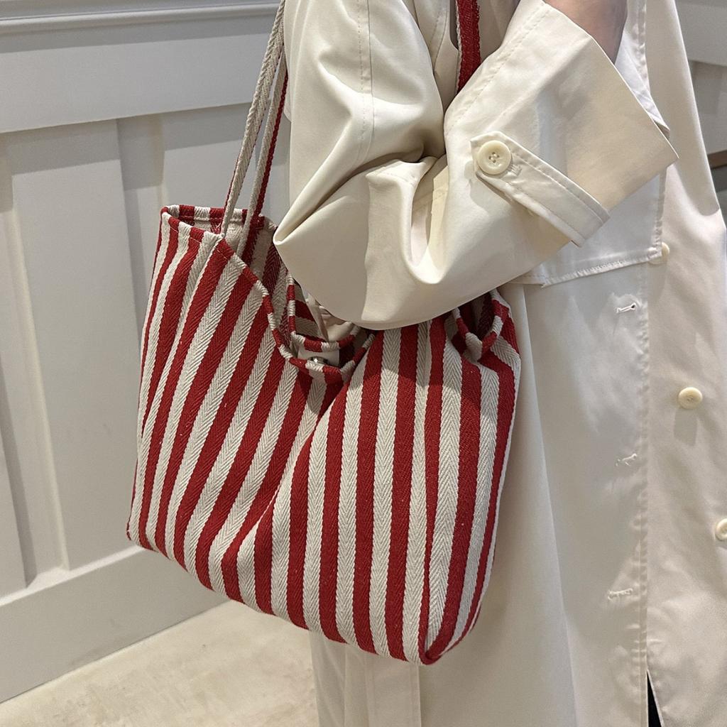 Korean Niche Shopping Bag 2025 New Tote Bag Retro Literary Shoulder Large Bag Small Fresh Striped Canvas Bag