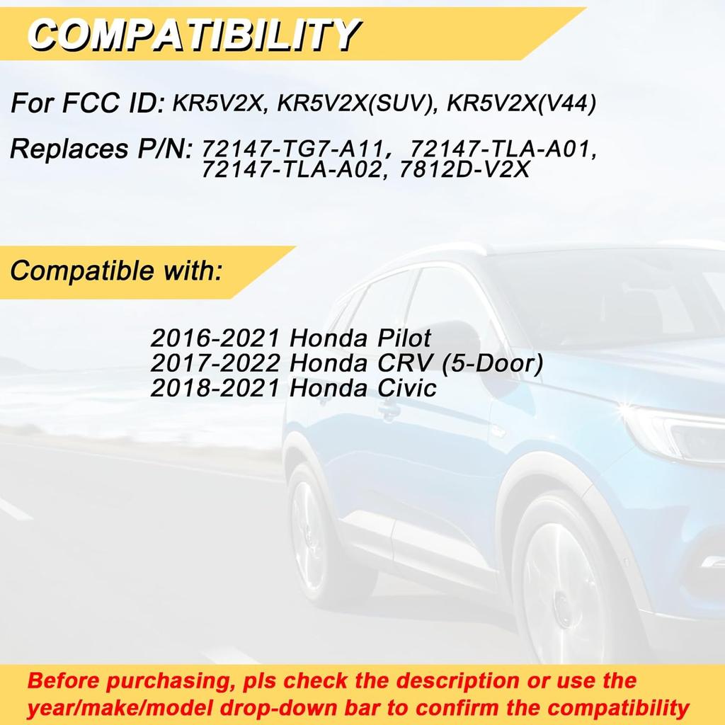 Замена брелока для Honda Pilot 2016 года выпуска и старше / Honda CRV 5-дверный 2017 года выпуска / Civic 2018-2021 годов, Бесключевой пульт дистанционного управления, KR5V2X, 5 кнопок