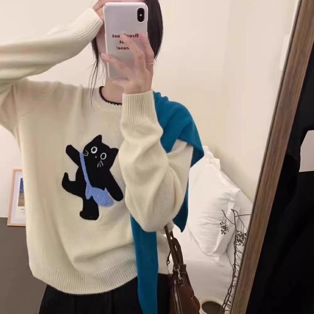 Autumn and winter new top Korean cute sweet wind loose knitted pullover fun cat jacquard soft waxy sweater women