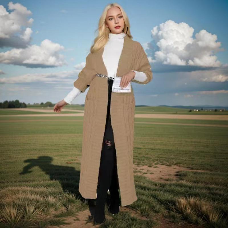 Длинный вязаный кардиган, элегантный однотонный свитер с длинными рукавами и карманами, женский