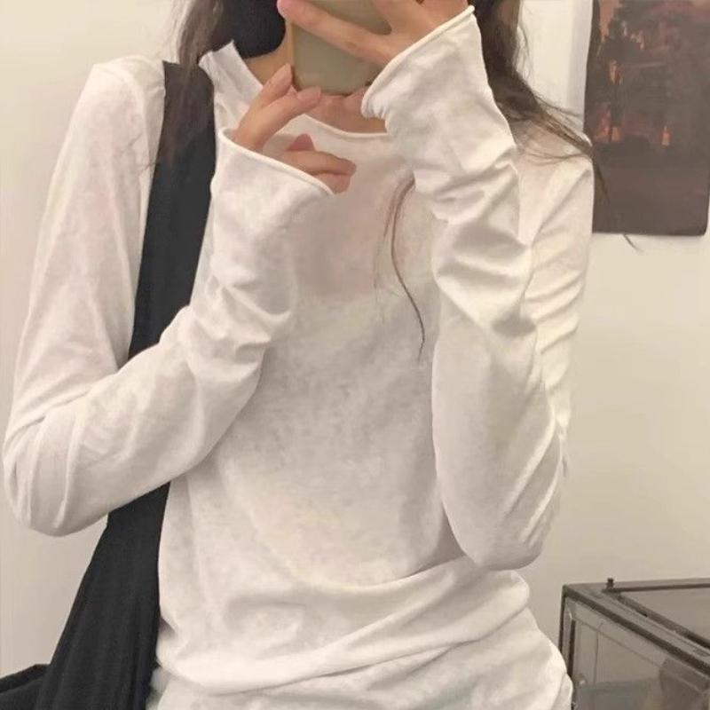 Белая футболка с длинным рукавом и подвернутым краем для женщин, тонкая и утягивающая базовая рубашка, простой и высококачественный топ
