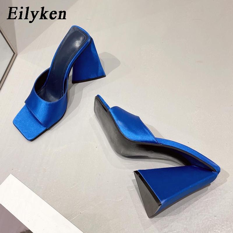 Eilyken 2025 Новое поступление Летние шелковые шлепанцы на треугольном квадратном каблуке, сексуальные женские туфли-слайды для вечеринки с квадратным носком