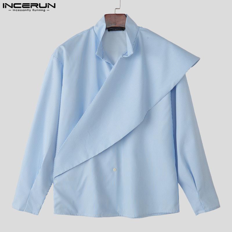 INCERUN Men Long Sleeve Front Cross Irregular Layers Patchwork Striped Casual Cape Shirts