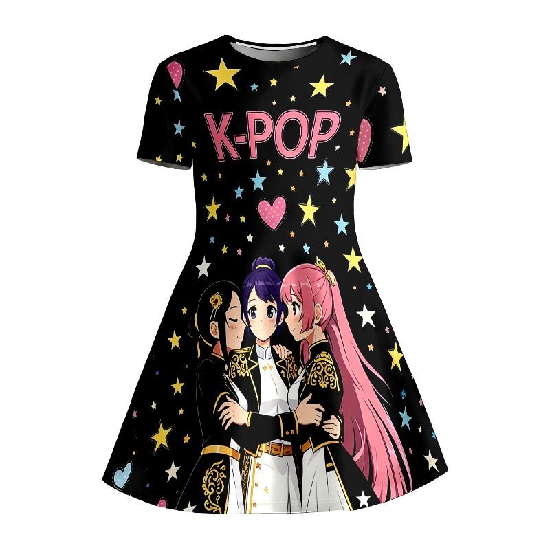 Женское платье-футболка с принтом K-POP Аниме Идол Группы, Подходит для Фанатов и Детей, Черное Повседневное Платье со Знаменитостью и Сердечками