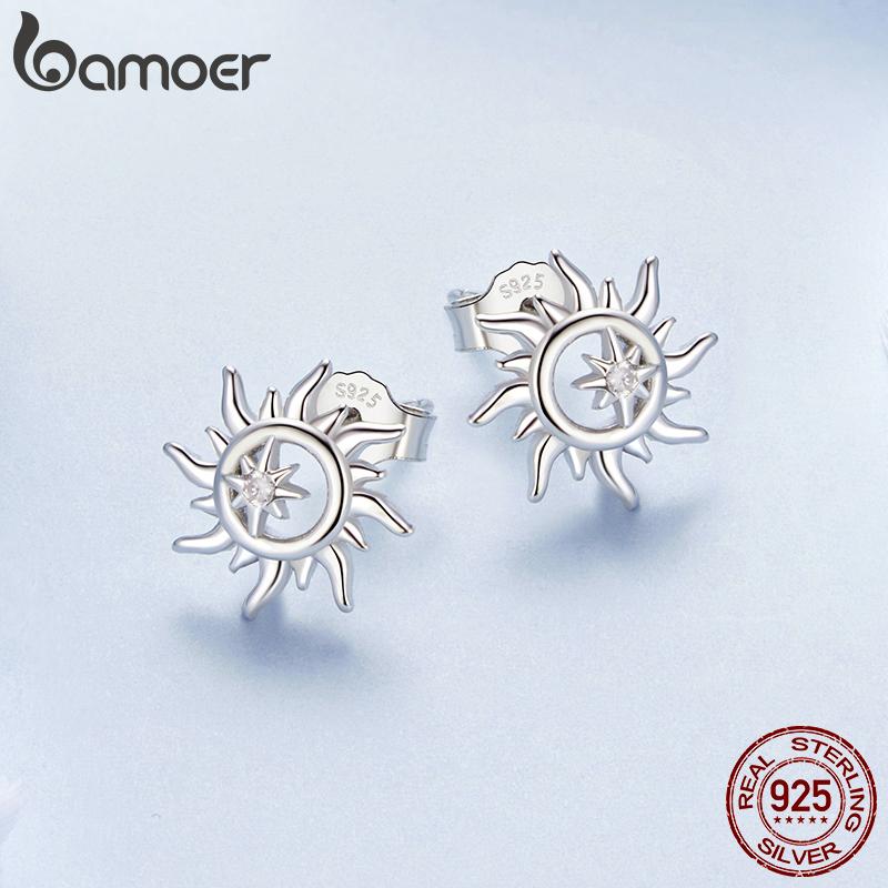 BAMOER Solid 925 Sterling Silver Chic Sun Stud Серьги Изящные Повседневные Серьги для Женщин Гипоаллергенные Украшения