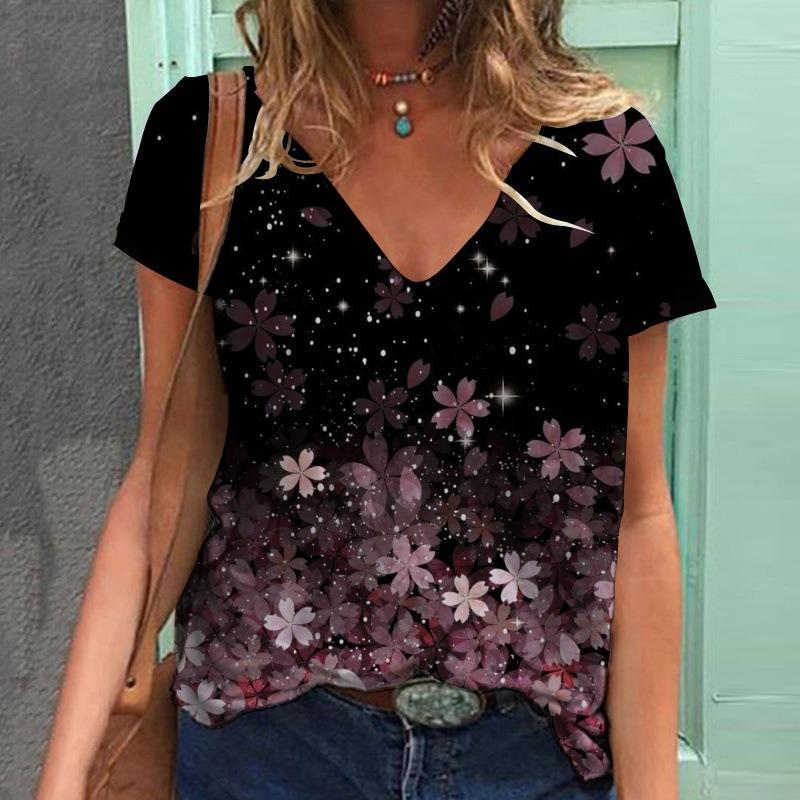 Летняя новая женская футболка с короткими рукавами и V-образным вырезом с принтом бабочки 3D