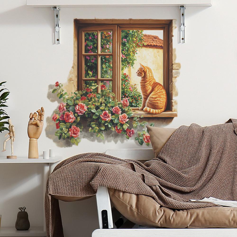 Окно Роза Оранжевый Кот Спальня Гостиная Дом Фон Украшение и Декор Наклейки на Стену